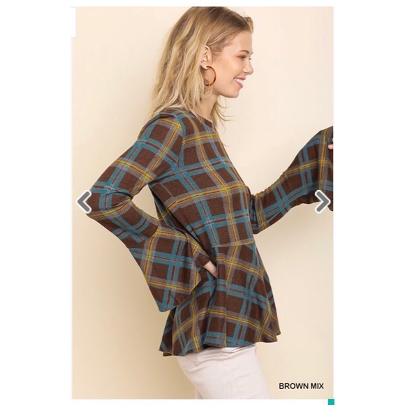 Plaid Long Trumpet Sleeve Top with a Ruffled Hem - Picture 3 of 5
